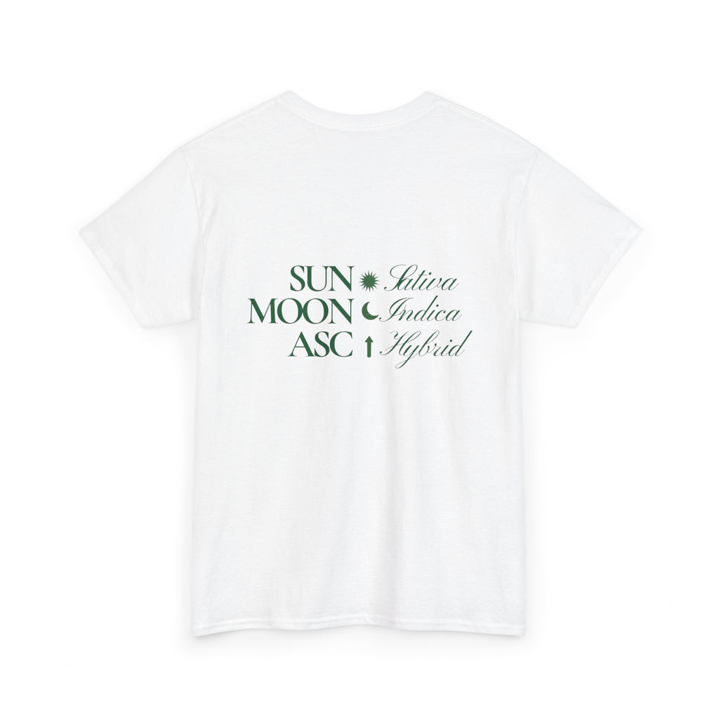 Cannabis women shirt “sun sativa, moon indica, asc hybrid”.