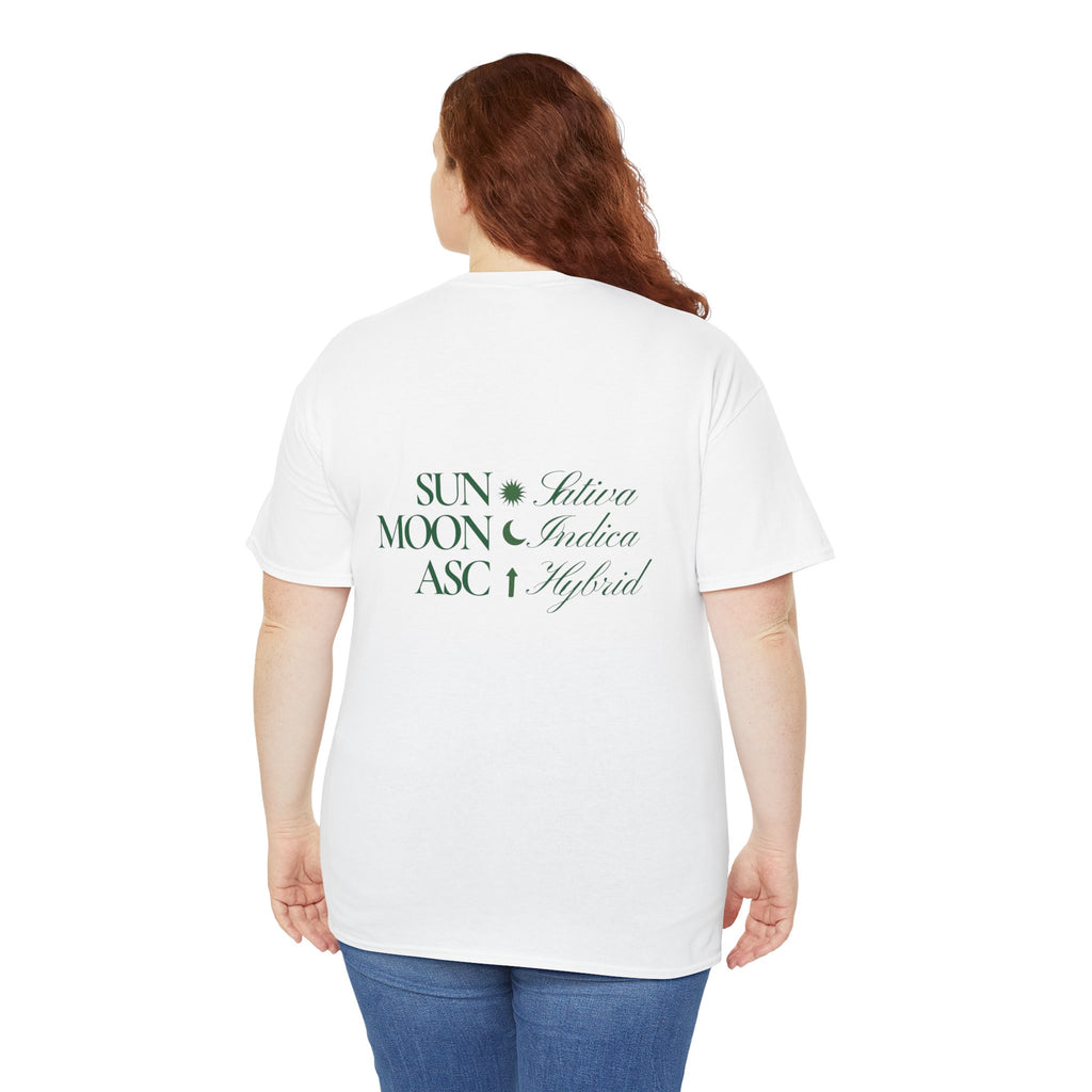 Cannabis women shirt “sun sativa, moon indica, asc hybrid”.