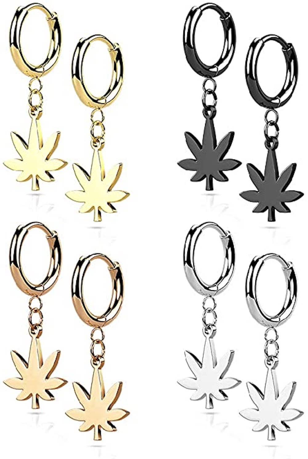 Stainless Steel Hinged Hoop Earrings with Pot Leaf Dangle