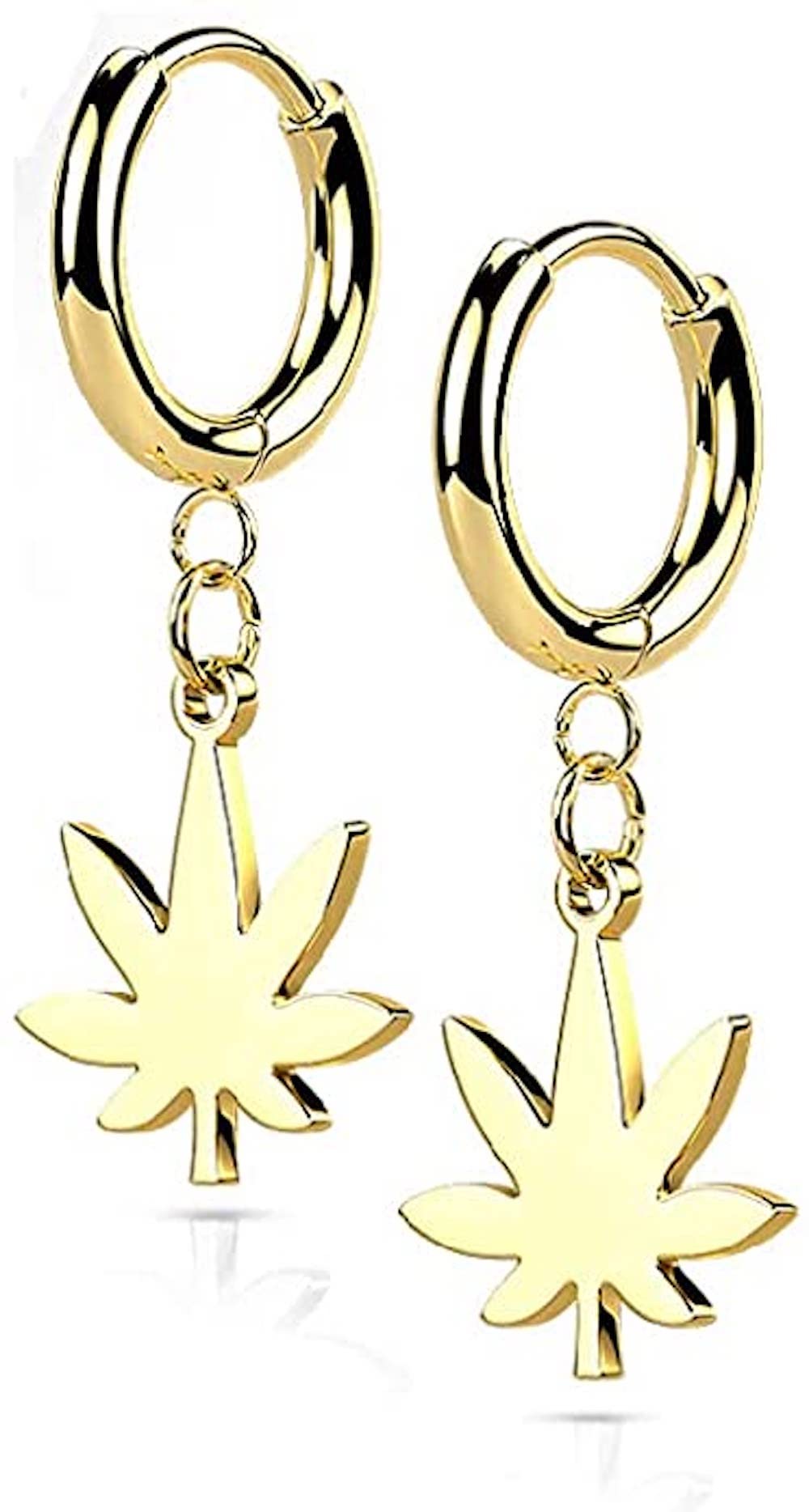 Stainless Steel Hinged Hoop Earrings with Pot Leaf Dangle