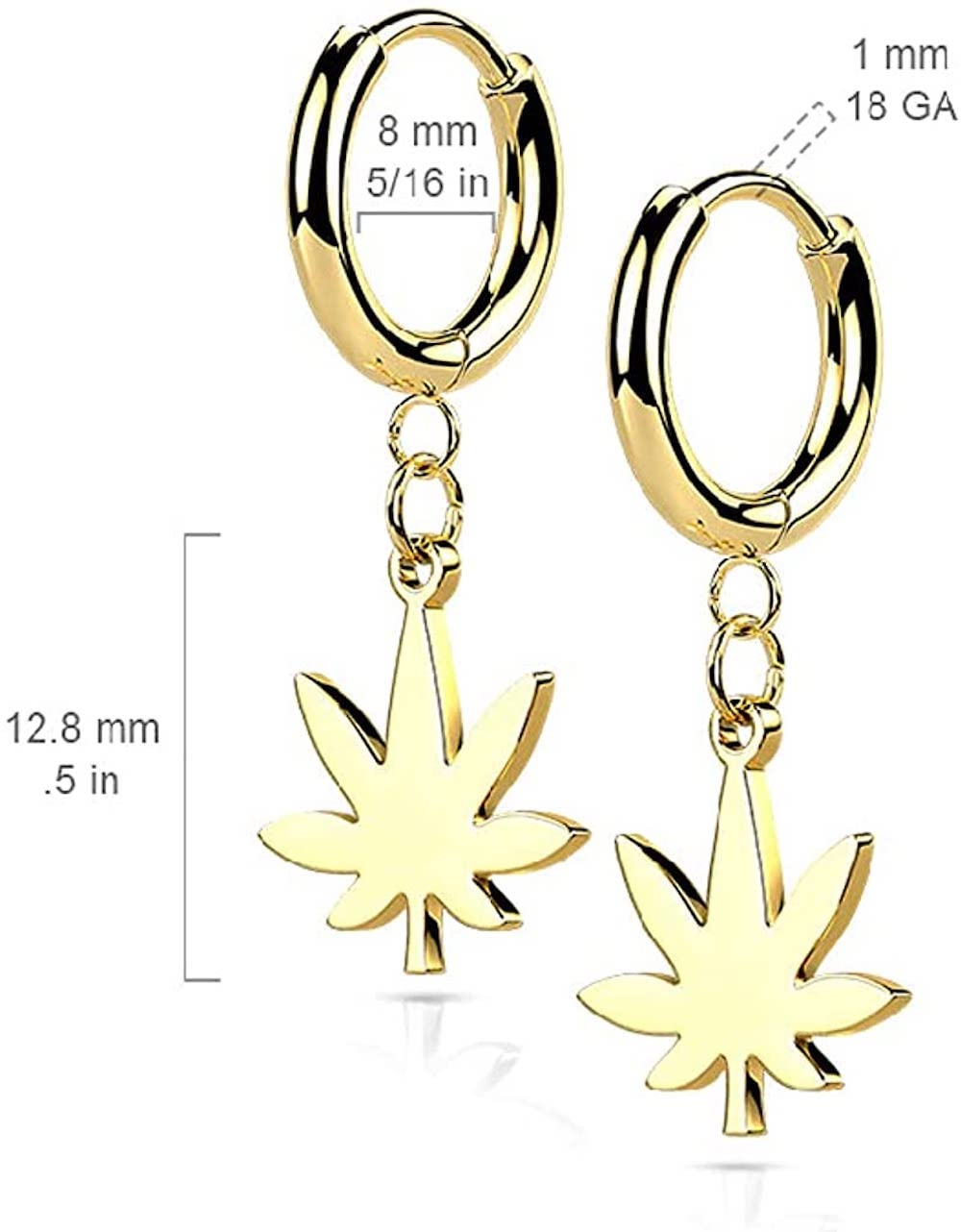 Stainless Steel Hinged Hoop Earrings with Pot Leaf Dangle