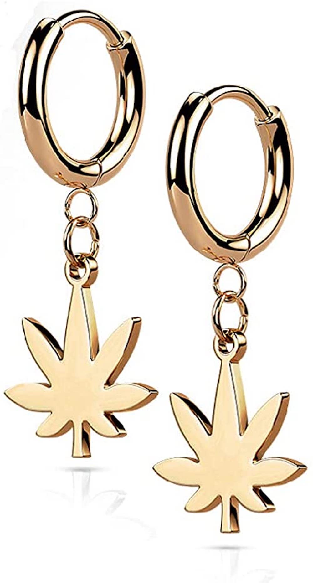 Stainless Steel Hinged Hoop Earrings with Pot Leaf Dangle