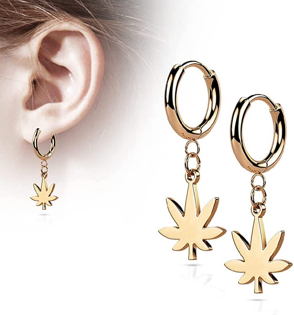 Stainless Steel Hinged Hoop Earrings with Pot Leaf Dangle