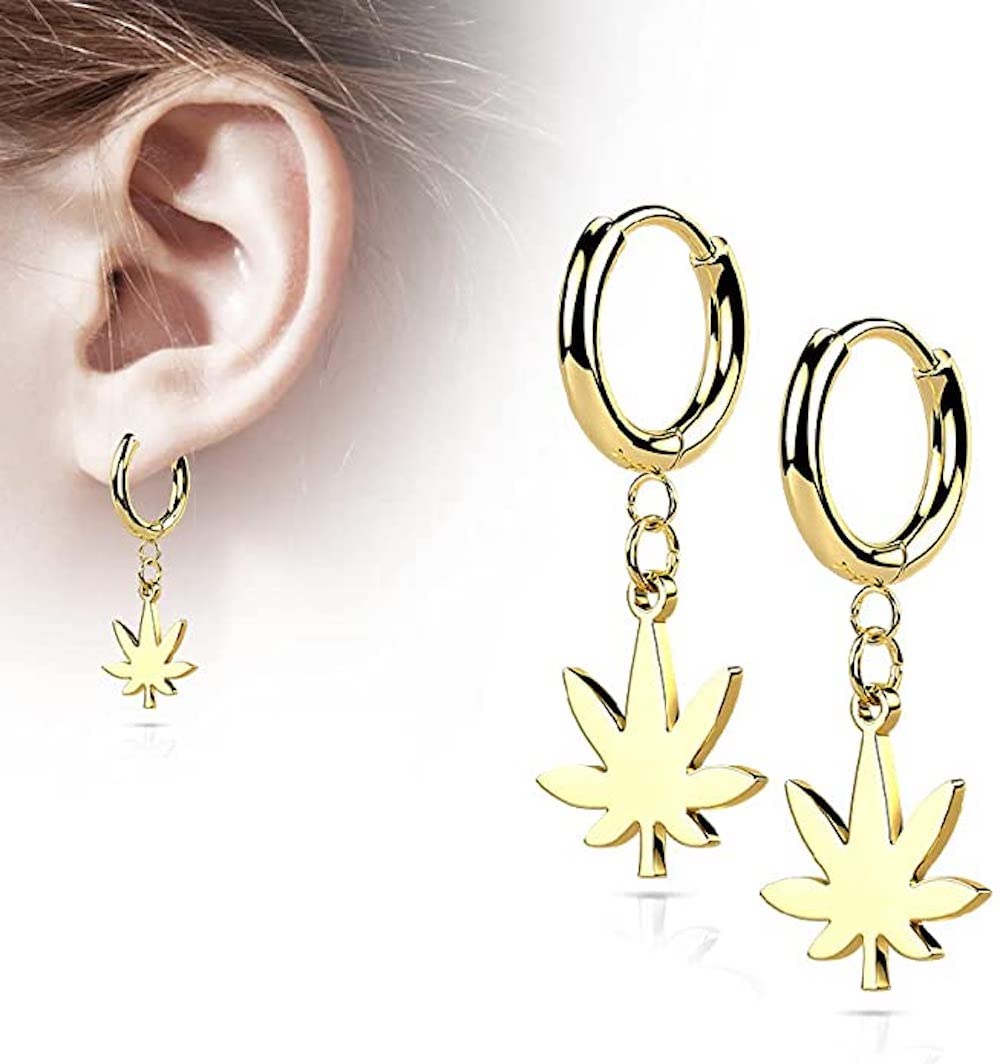 Stainless Steel Hinged Hoop Earrings with Pot Leaf Dangle