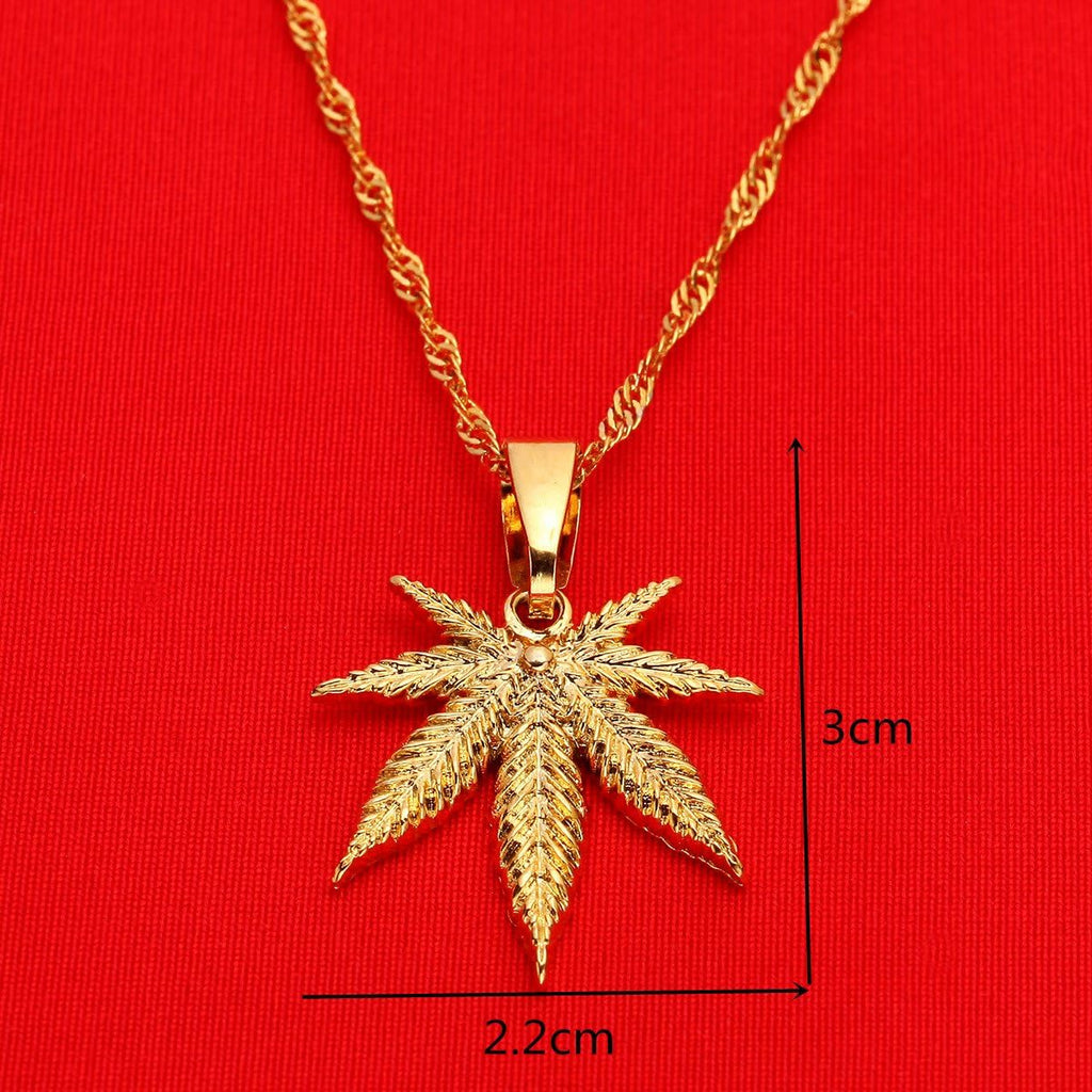 24K Yellow Gold Color Jewelry Cannabis Weed Marijuana Leaf Pendant Necklace
